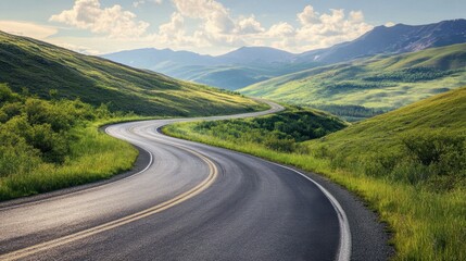 Naklejka premium An asphalt road curving through green mountain terrain, under a clear sky with gentle, scattered clouds on a sunny day.