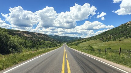 An asphalt road stretching through green mountain terrain, with a sunny sky filled with fluffy white clouds.