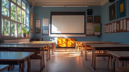 Classroom interior with white board projection screen and wooden desks