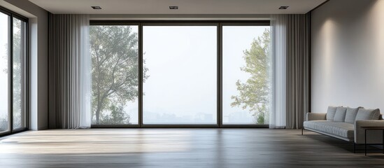 Fototapeta premium Modern living room with large windows and a grey sofa.