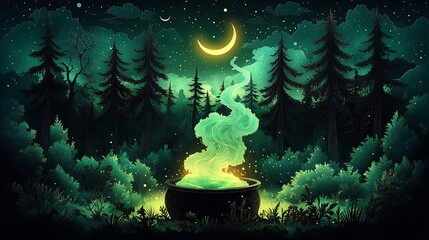 Naklejka premium A bubbling cauldron in the middle of a dark forest, paper-cut style, green smoke swirling up from the pot, crescent moon glowing above, eerie trees in the background,