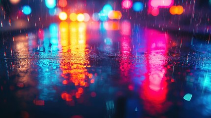 Obraz premium Multi-colored neon lights on a dark city street, reflection of neon light in puddles and water. Abstract night background, blurred bokeh light. Night view colorful