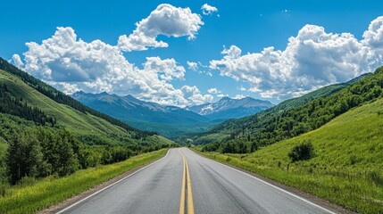 An asphalt road weaving through green mountain scenery, with a sunny sky and fluffy white clouds on a clear day.