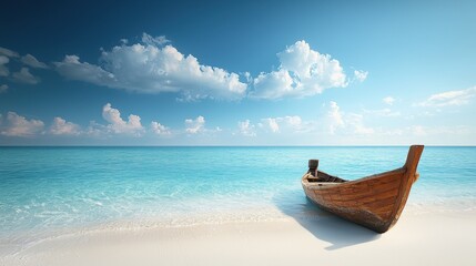 Obraz premium Weathered Boat on Tranquil Shoreline under Blue Sky