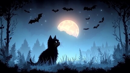 Fototapeta premium A creepy black cat standing in front of a glowing full moon, paper-cut style, bats flying overhead, fog rolling through the scene, sharp paper-cut edges with layered textures,