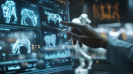 Innovative digital analysis interface showcasing advanced data visualization in futuristic laboratory, featuring animal graphics and interactive technology.