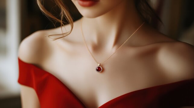 A closeup of a delicate golden necklace featuring a radiant ruby pendant, elegantly worn by a model in a deep red dress. The combination of colors exudes sophistication and charm.