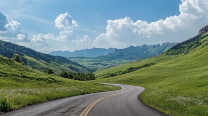 An asphalt road winding through green mountain valleys, with a clear sky and soft white clouds on a sunny, bright day.