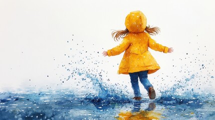 A minimal cartoon-style watercolor of a girl dancing in the rain, her raincoat fluttering as she splashes in puddles on a white background 