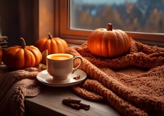 Autumn windowsill with cup of hot coffee, cinnamon, pumpkins laying on woolen scarf