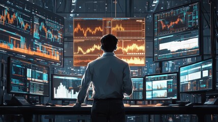 Fototapeta premium AI generated illustration front view male trader doing analysis and trading behind multiple screens showing charts and statistics