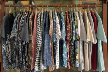 A rack of patterned shirts hanging on hangers