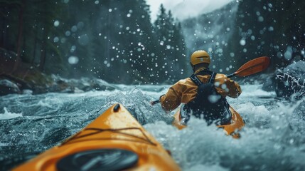 Kayaker Paddling Through Exciting Whitewater Rapids