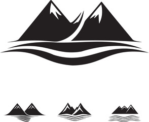 Minimalist Mountain Landscape Logo with Waves in Black and White