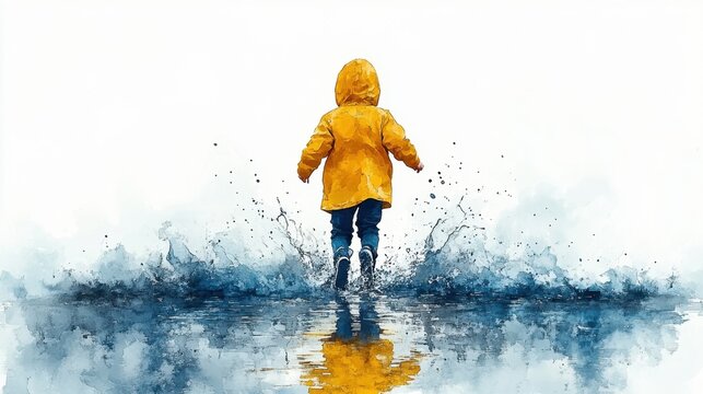 A minimal watercolor of a child in a yellow raincoat jumping in a puddle, with a soft white background and gentle splashes of rain 