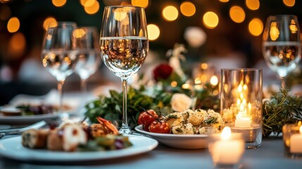 Obraz premium Elegant and select wedding decoration restaurant table Wine Glass and appetizers, on the bar table Soft light and romantic atmosphere dinner service menue guests candle