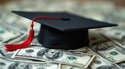 Graduation cap resting on pile of American dollars symbolizing student debt