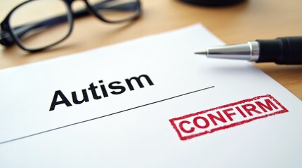 Fototapeta premium Autism diagnosis form with confirm stamp and office supplies
