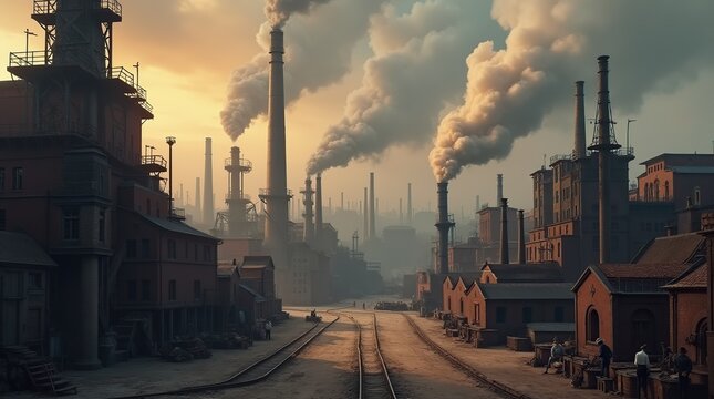 Industrial factory scene with steam engines in the 19th century