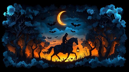 A headless horseman riding through the night, paper-cut style, crescent moon glowing in the sky, trees with twisted branches lining the path, bats flying overhead,