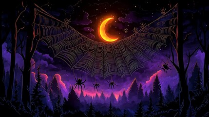 Fototapeta premium A large spider web stretching across a dark forest, paper-cut style, spiders hanging down from the web, crescent moon glowing in the background, fog drifting through the trees,