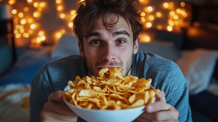 Young man eating chips in bed bedroom Fast junk food