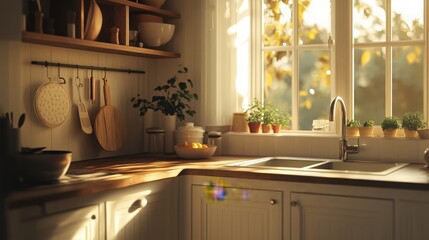 A cozy kitchen interior featuring a chic cabinet with a stylish sink under a sun-drenched window. The empty mockup table offers a blank canvas for showcasing culinary delights or decor