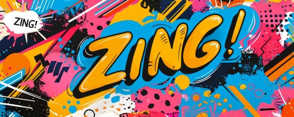 Playful pop art background featuring "ZING!" Dynamic visuals, Bold patterns, Colorful vector