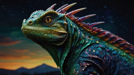 Naklejka premium A vibrant, colorful iguana with a spiky ridge on its back, looking up at the starry sky.