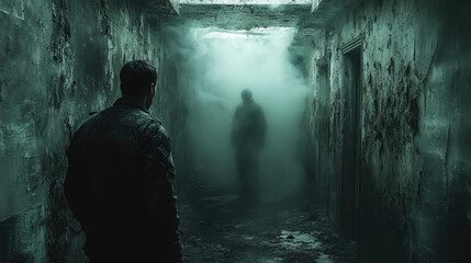 Obraz premium A tense confrontation scene where a military personnel is facing a translucent ghost in a dark, decaying hallway of an old, crumbling building, with dust particles illuminated in the dim light 