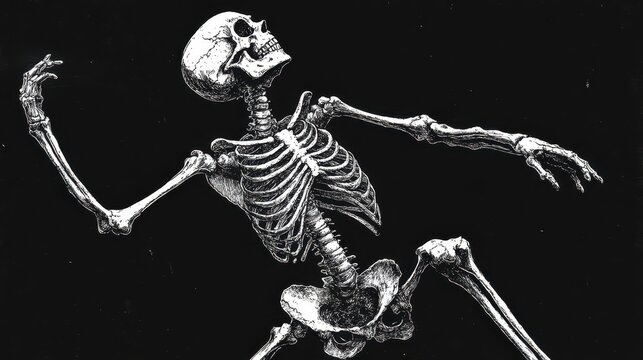 skeleton dancing, dance pose, exuding a fun and spooky vibe sketch engraving generative ai raster illustration. Scratch board imitation. Black and white image.