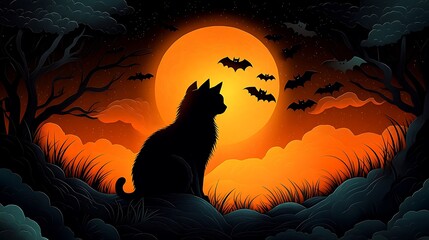 A silhouetted black cat with its back arched under a glowing full moon, paper-cut style, bats flying across the moon, swirling fog near the ground, sharp paper edges with layered details,