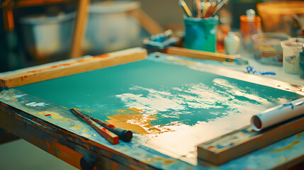 Fototapeta premium Green tshirt on silk screen printing setup closeup of mesh screen and squeegee vibrant ink colors nearby workshop ambiance. Silkscreen Print. Illustration