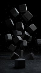 A minimalist scene with black foam cubes in hyper-realistic detail, illuminated on a dark background with octane render lighting, shot from a low angle for maximum impact.