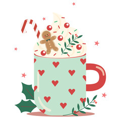 christmas card with a cup of coffee. Christmas mug, Christmas holiday hot drinks, Holiday winter with drink menu. 