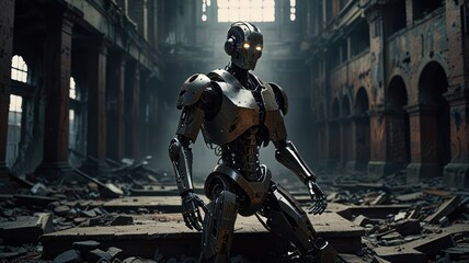 A metallic robot stands in the ruins of a building, illuminated by a ray of sunlight.