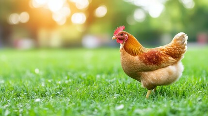 Fototapeta premium A brown chicken perches gracefully on a vivid green field, while the background fades softly into dreamy hues.