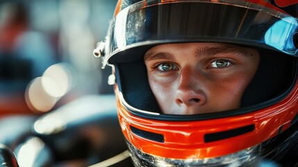 The image depicts a race car driver wearing a helmet, gazing intently ahead, exhibiting an atmosphere suggestive of a competitive motorsport.