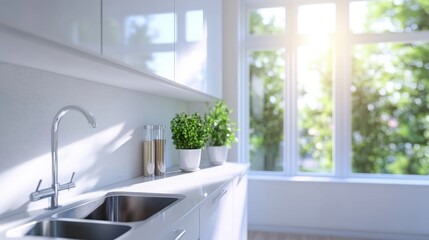 A modern kitchen scene highlights a stylish cabinet, a pristine sink, and a bright window enhancing the space.