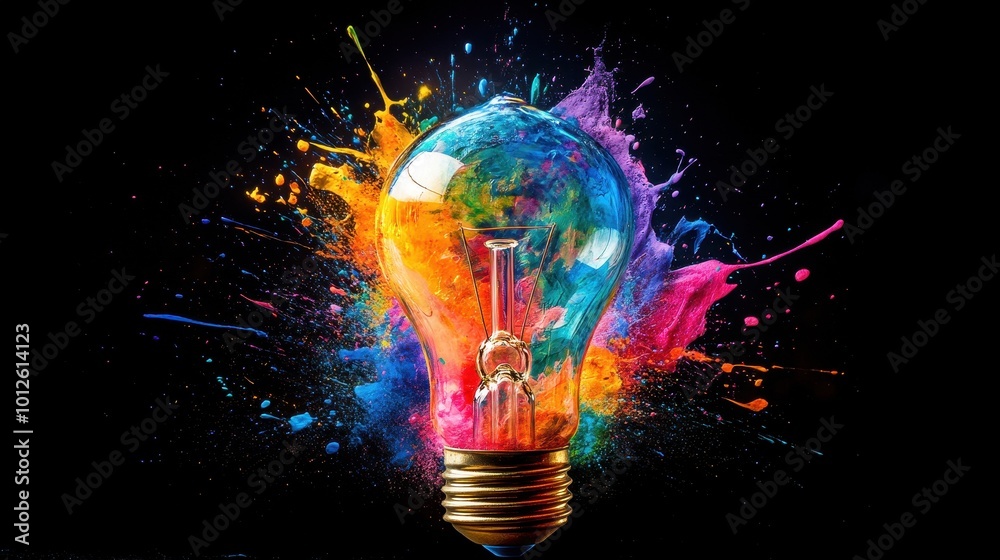 Wall mural creative light bulb explodes with colorful paint and splashes on a black background. think different