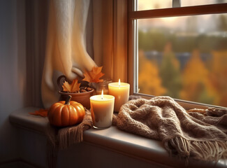 Autumn decoration of windowsill with candles and pumpkins 