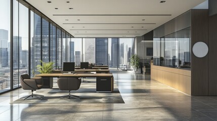 A modern open office showcases expansive windows that provide an inspiring city backdrop. The stylish furniture and layout encourage a dynamic and productive work environment