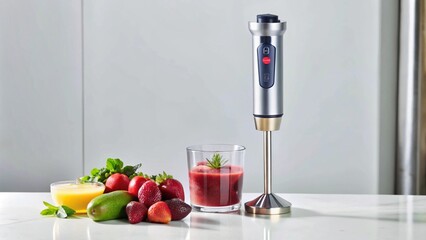 A hand blender beside fresh fruits and a smoothie in a glass.