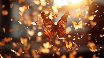 A Single Butterfly Amidst a Golden Shower of Its Kind, Captured in a Moment of Tranquility and Beauty