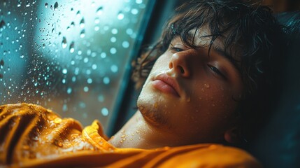 A wide view of a boy leaning against the window, with soft raindrops on the glass and the cozy room filled with warm, inviting colors 