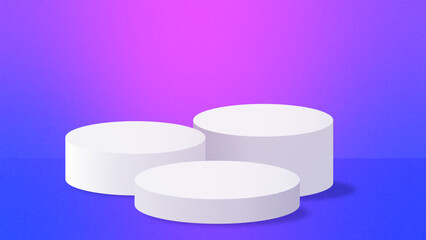 Realistic white 3 step cylinder pedestal podium on purple vibrant colour gradient background. Vector rendering geometric forms design. Minimal scene. shadow. Stage showcase, Mockup product display.