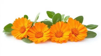 Orange Calendula Flowers with Green Leaves Isolated on White.