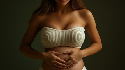 Naklejka premium A chubby Korean woman stands confidently, hands on her belly, showcasing her unique body shape with a serious expression.