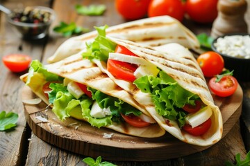 Italian piada wraps - piadina stuffed with fresh lettuce mozzarella and sliced tomatoes on wooden table. MZ