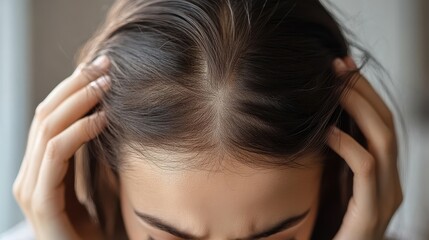 Naklejka premium A woman concerned about hair thinning and loss, growth treatments and scalp care. This addresses stress related hair fall and explores solutions, hormone, worry, shampoo